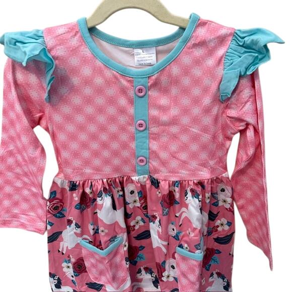 Toddler Girls 4T (L) Okie & Lou Pink Unicorn Floral Ruffle Dress - Picture 2 of 8